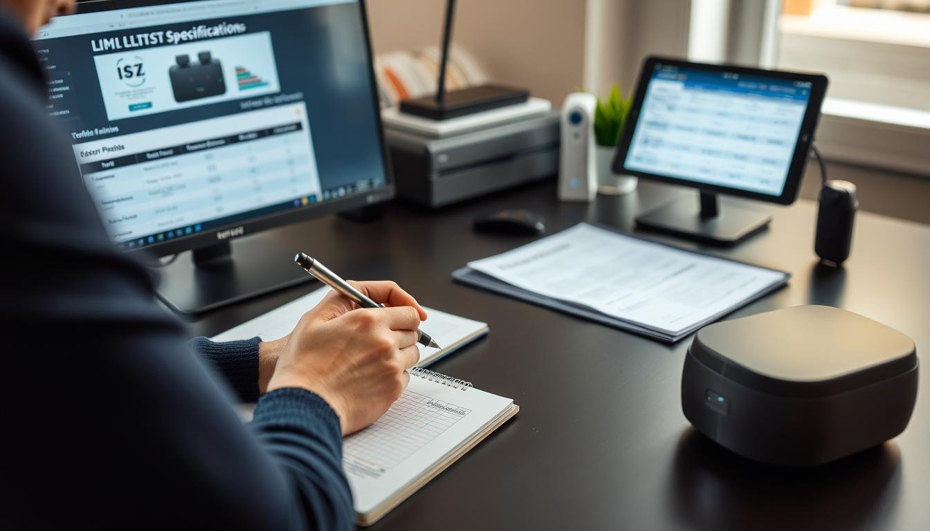 Person making notes while comparing LLLT device specifications and reviews