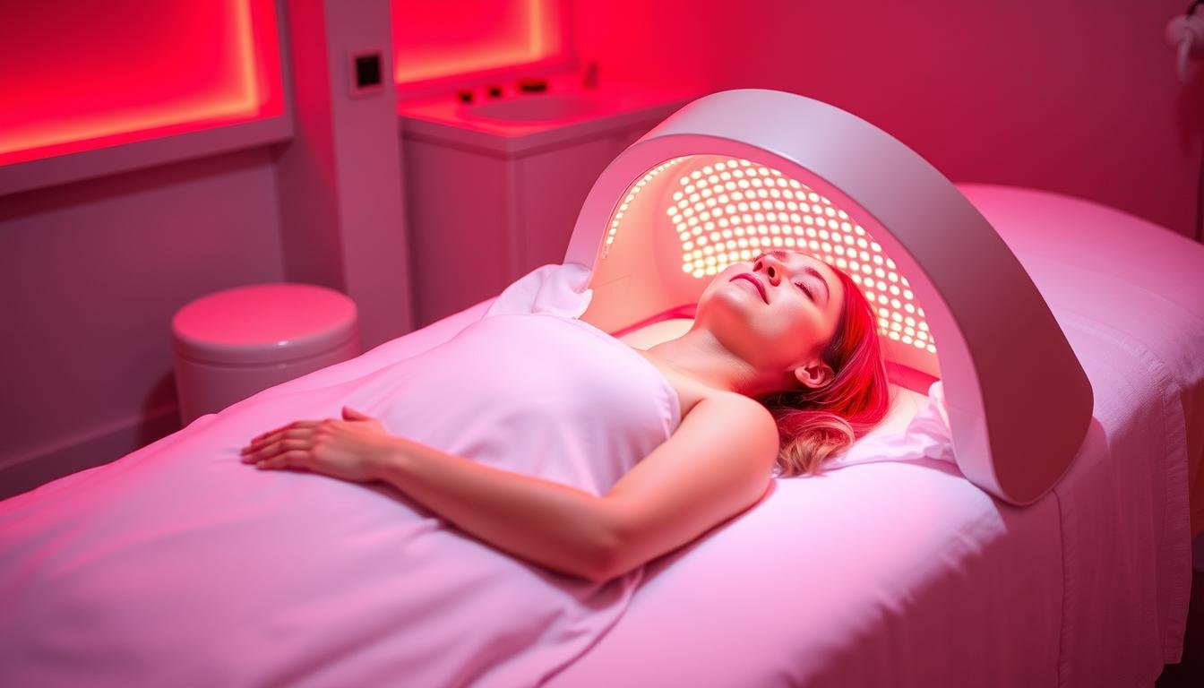 Person receiving red light therapy treatment in a full-body bed