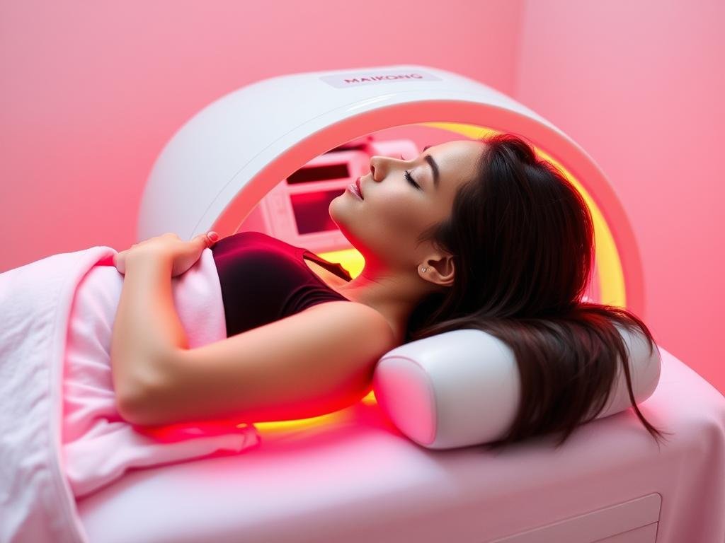 Person receiving treatment in a red light therapy bed with proper positioning