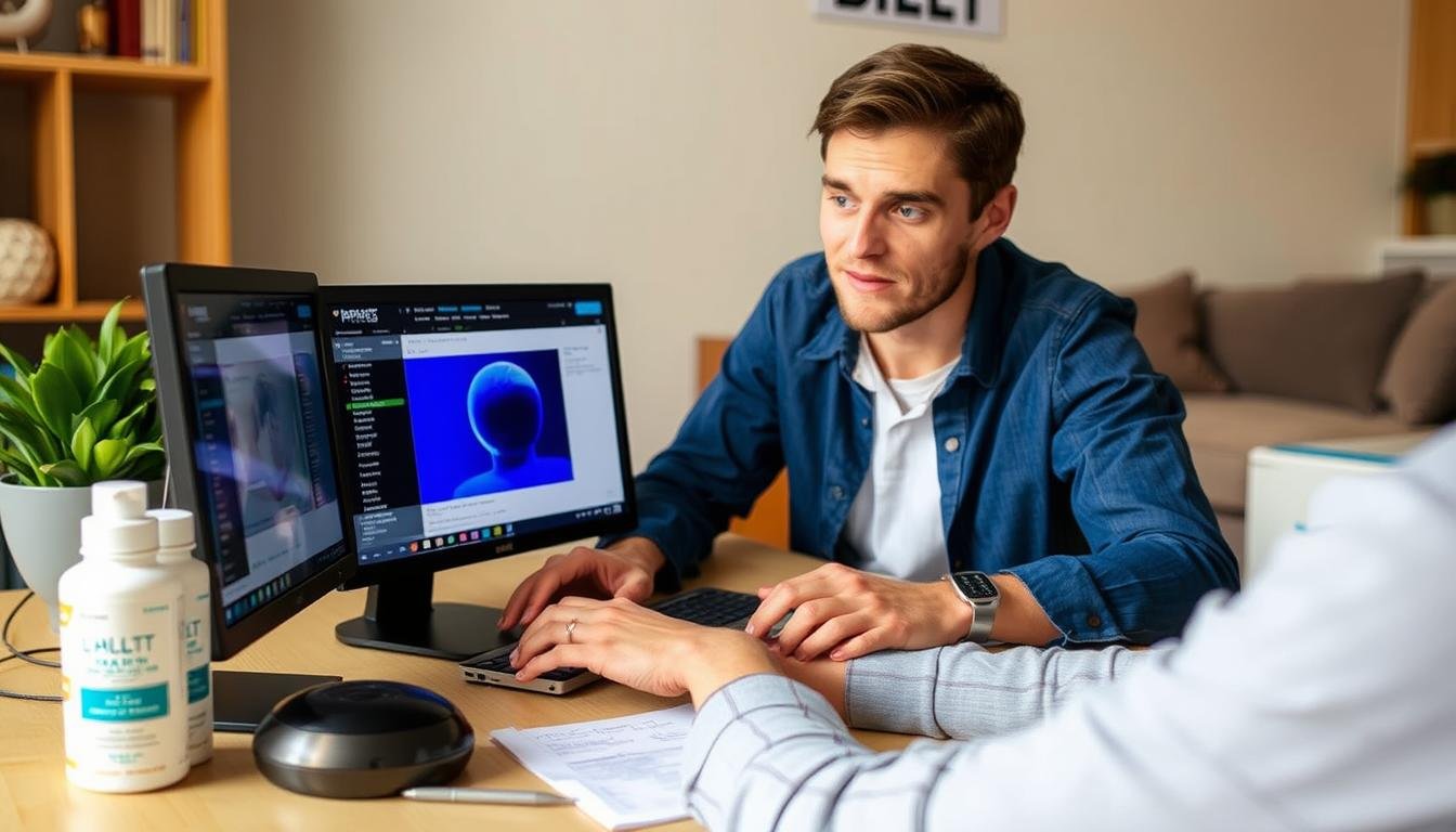 Person researching LLLT laser caps on computer