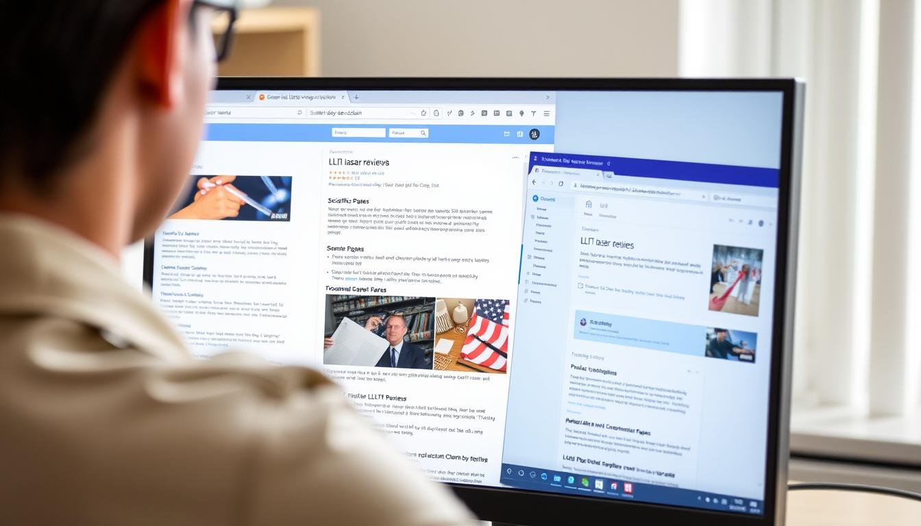 Person researching LLLT laser reviews on computer with multiple browser tabs open