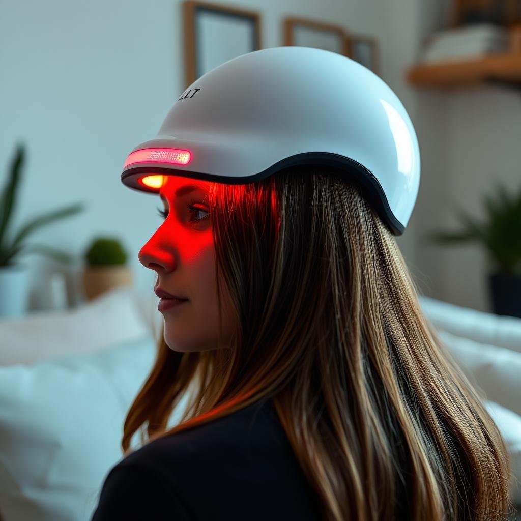 Person using LLLT cap for hair growth Person using LLLT cap for hair growth