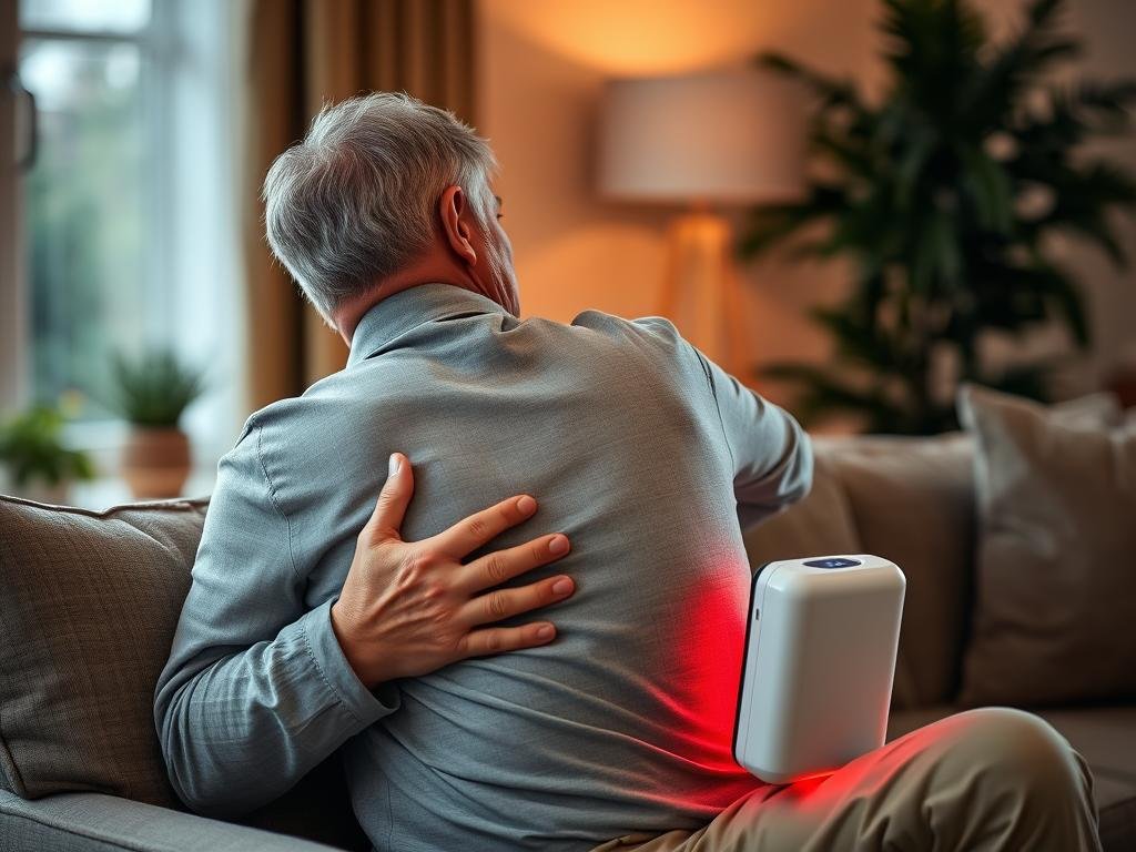 Person using LLLT device for back pain relief at home Person using LLLT device for back pain relief at home