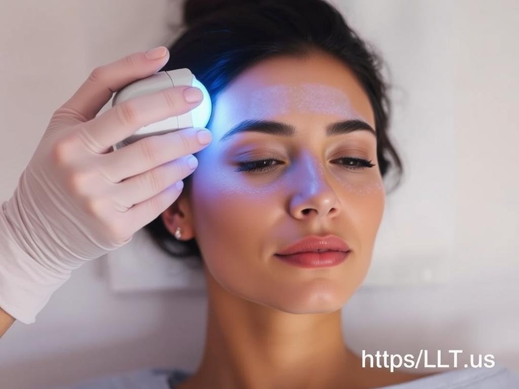 Person using LLLT device for facial treatment Person using LLLT device for facial treatment
