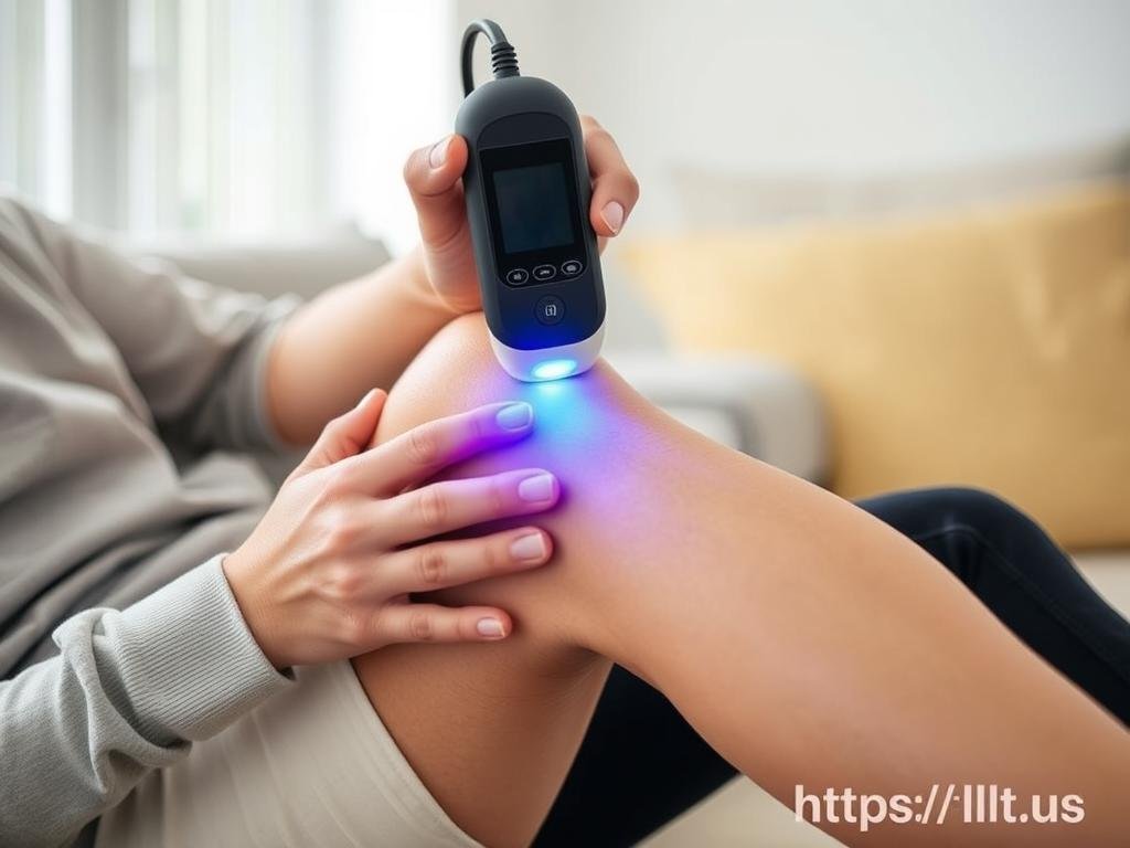 Person using LLLT device for knee pain treatment Person using LLLT device for knee pain treatment