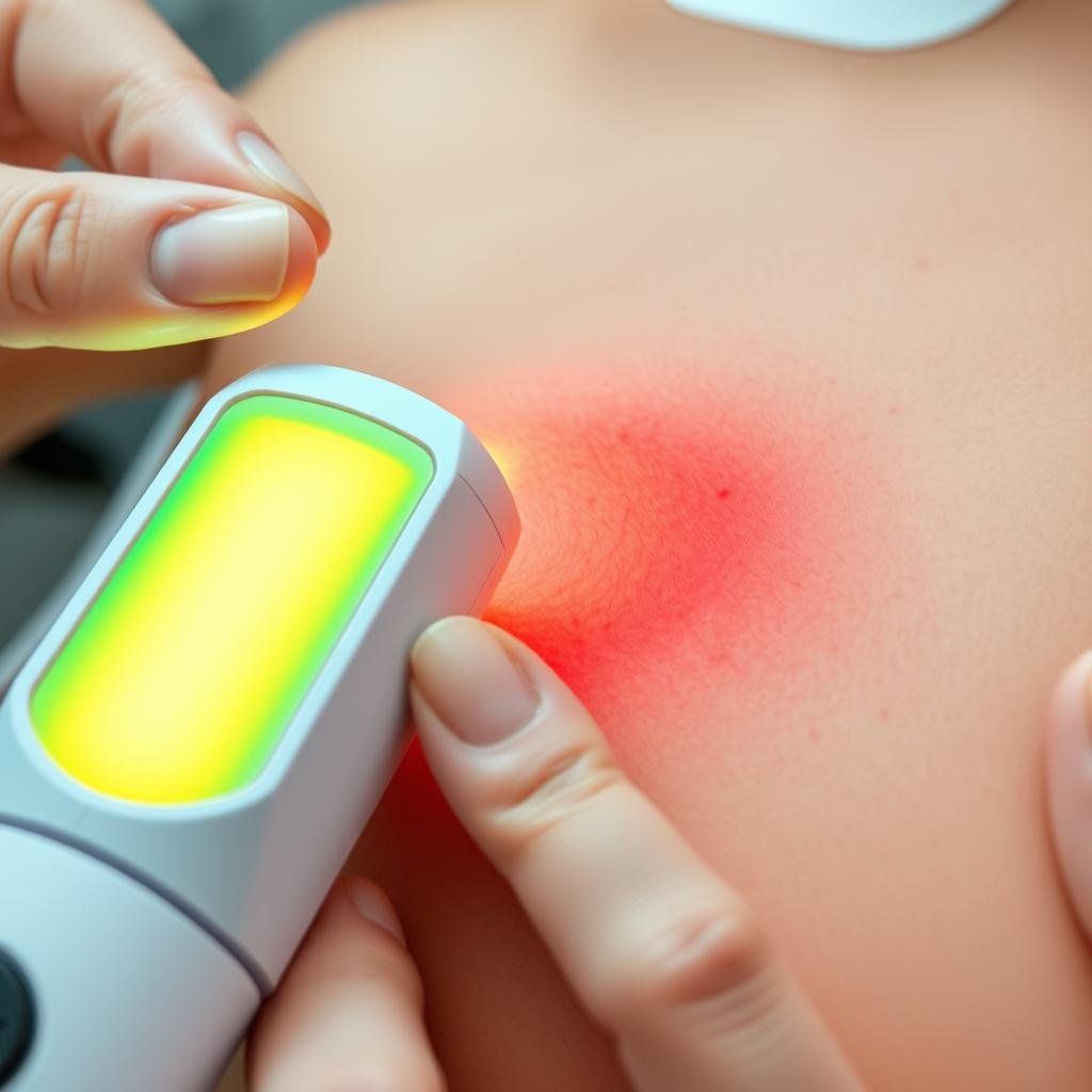 Person using LLLT device on inflamed area Person using LLLT device on inflamed area