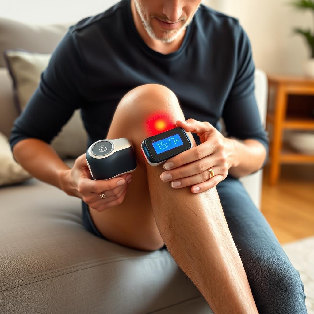 Person using LLLT device on knee for pain relief Person using LLLT device on knee for pain relief