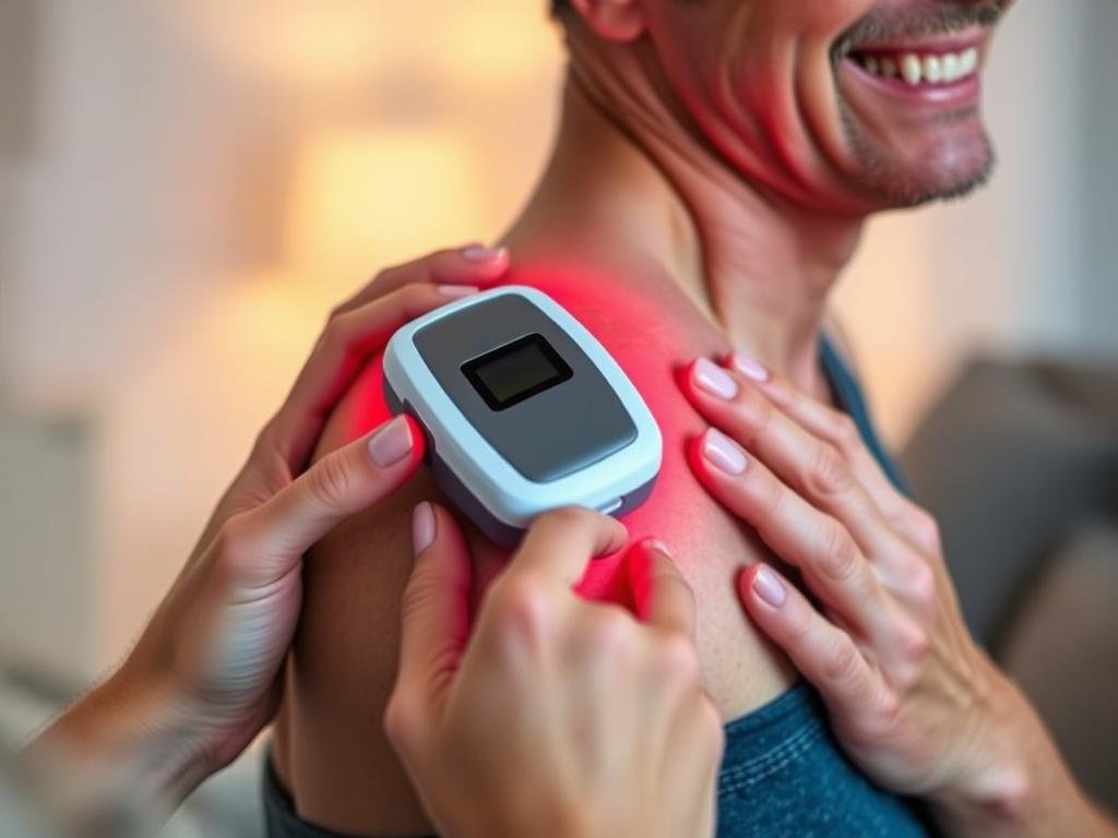 Person using LLLT device on shoulder for pain relief