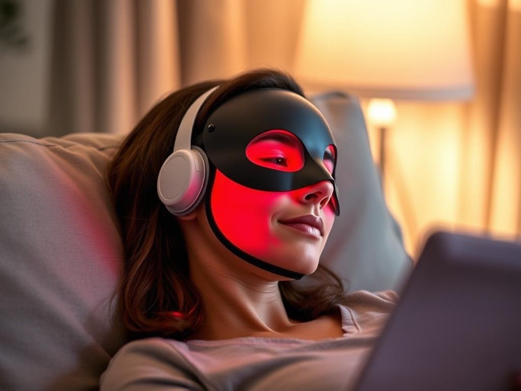 Person using LLLT facial mask for anti-aging treatment Person using LLLT facial mask for anti-aging treatment