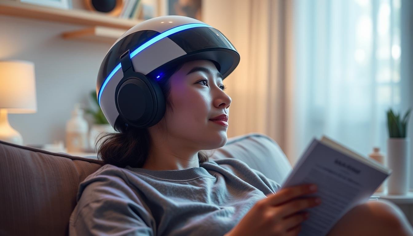 Person using MAIKONG LLLT helmet at home