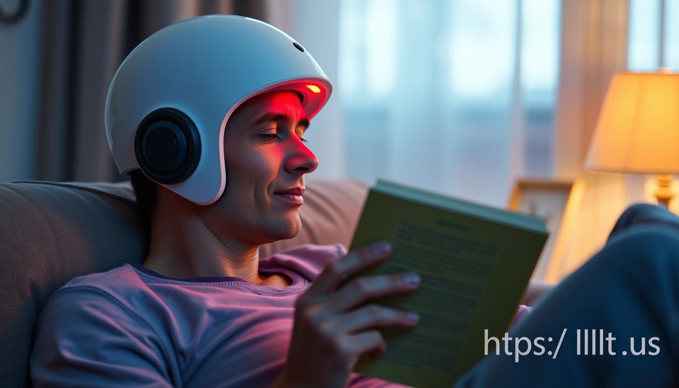Person using an LLLT Helmet during a treatment session