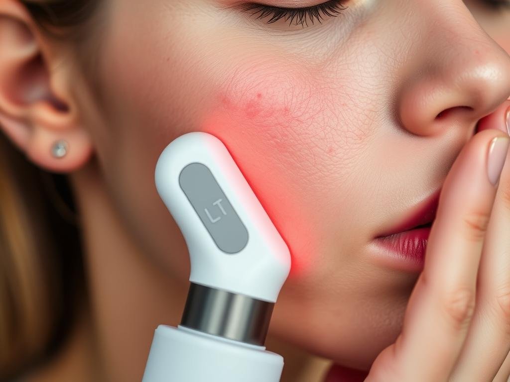 Person using handheld LLLT device for acne treatment Person using handheld LLLT device for acne treatment