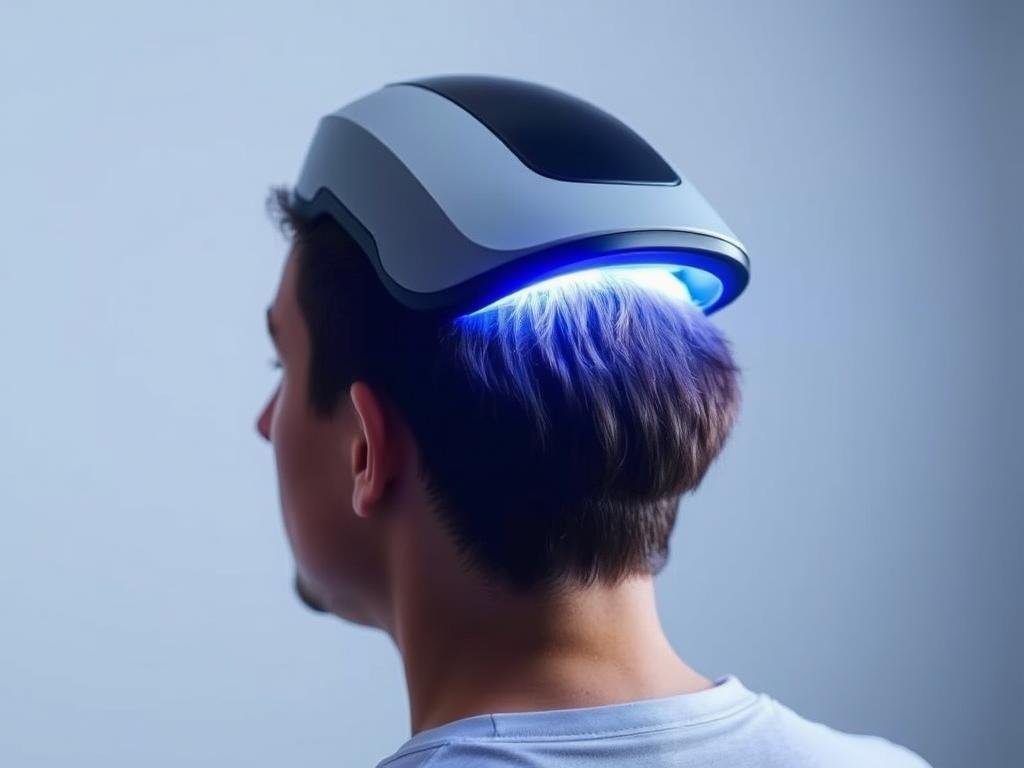 Person wearing LLLT cap for hair growth treatment