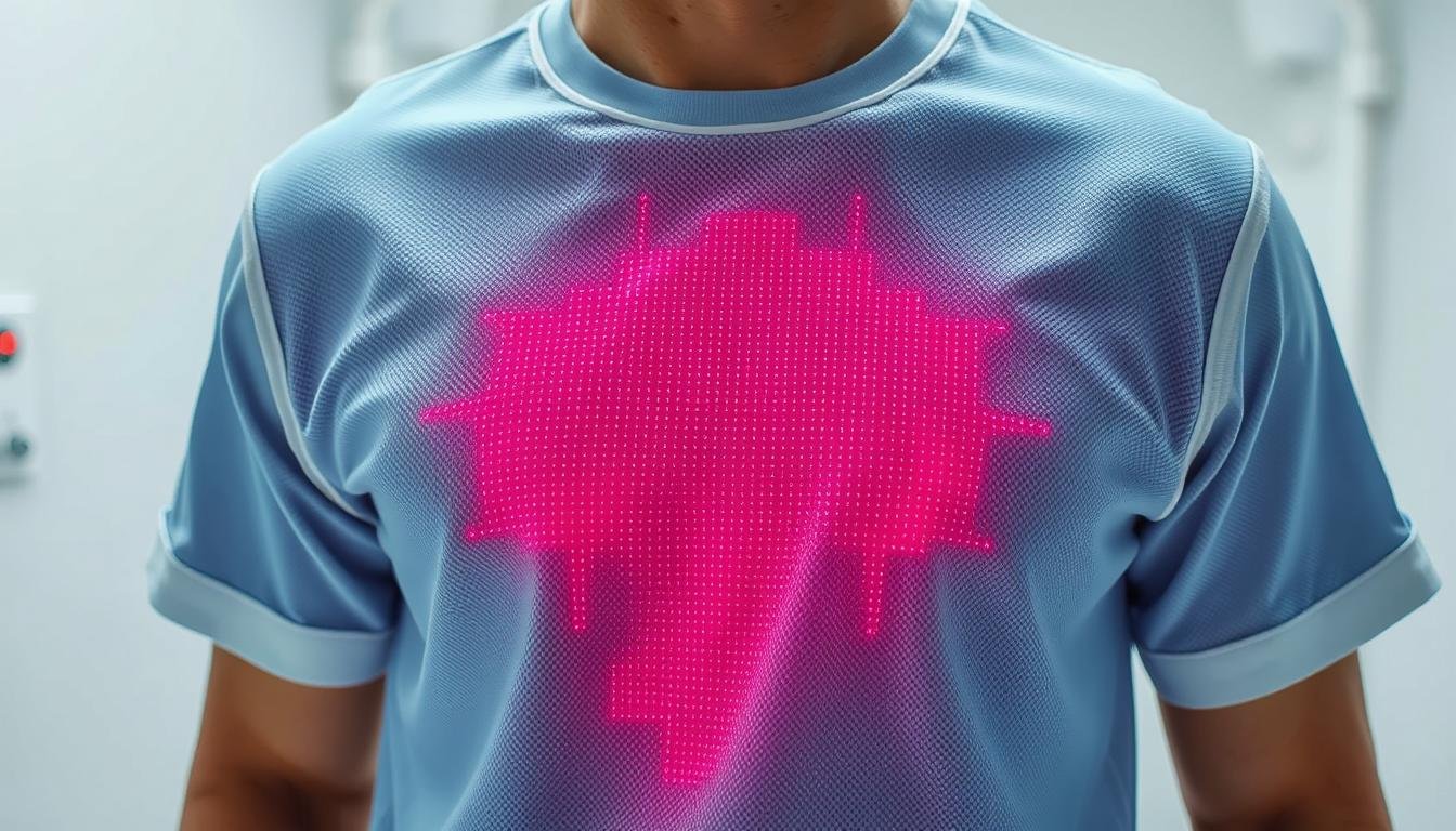 Person wearing LLLT clothing with visible red light emission