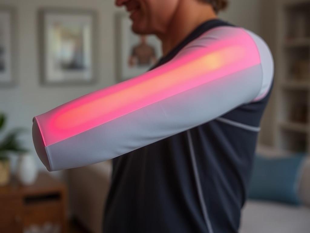 Person wearing LLLT clothing with visible red light penetration