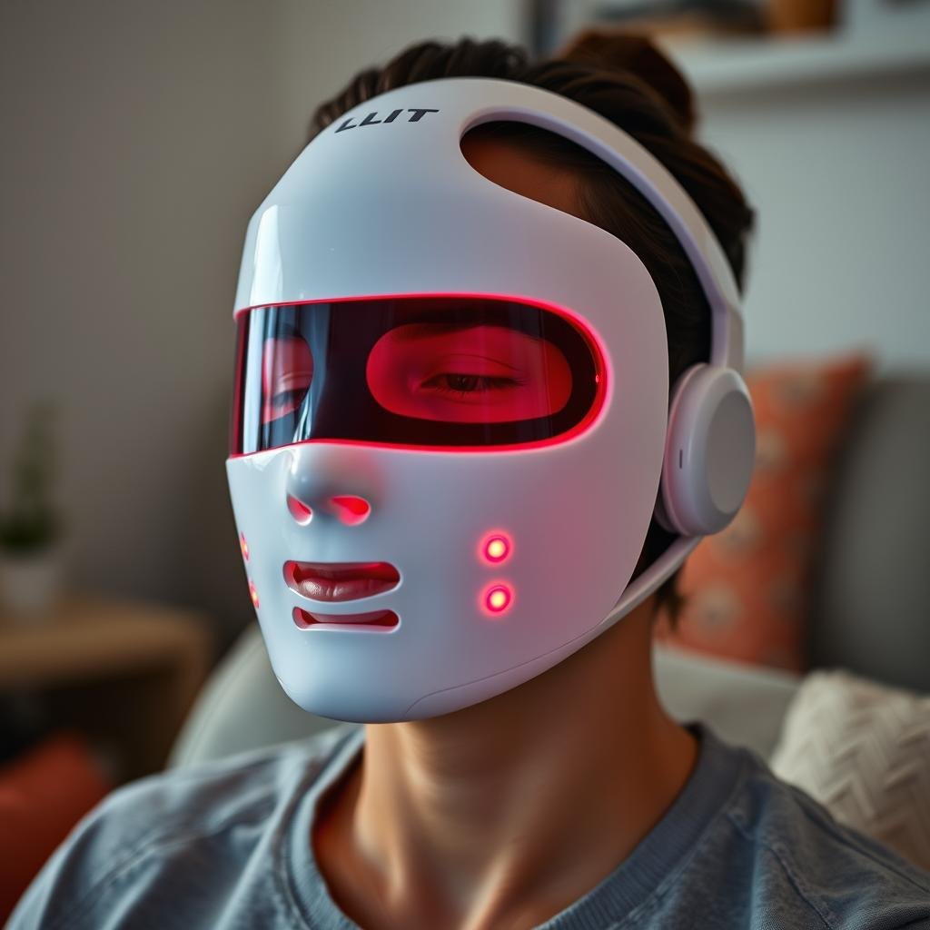 Person wearing LLLT face mask Person wearing LLLT face mask