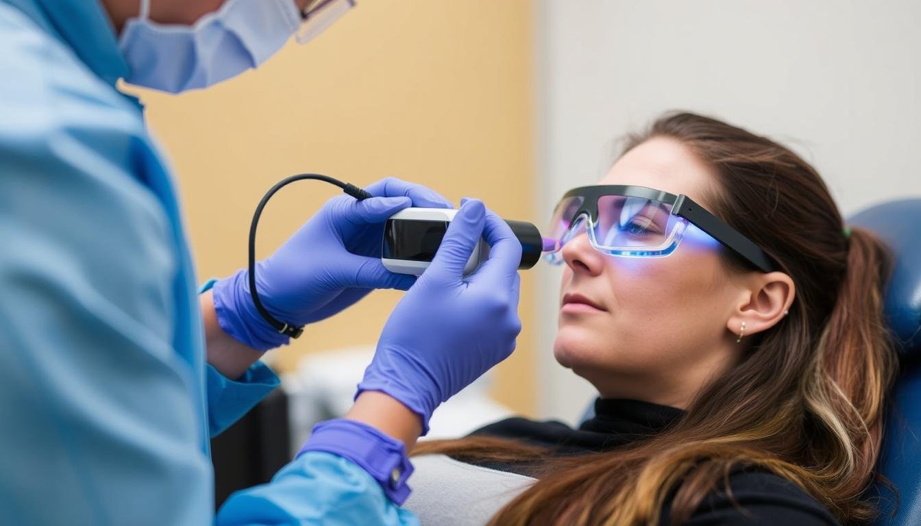 Practitioner demonstrating proper LLLT Eye Device application