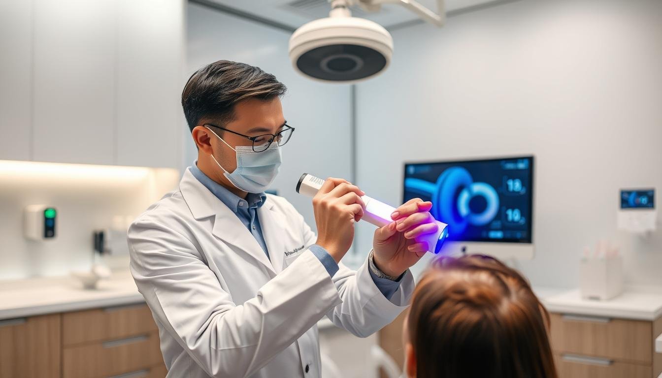 Professional using LLLT Comb in a modern hair restoration clinic