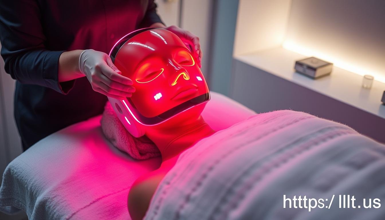 Professional using an LLLT Mask on a client in a spa setting