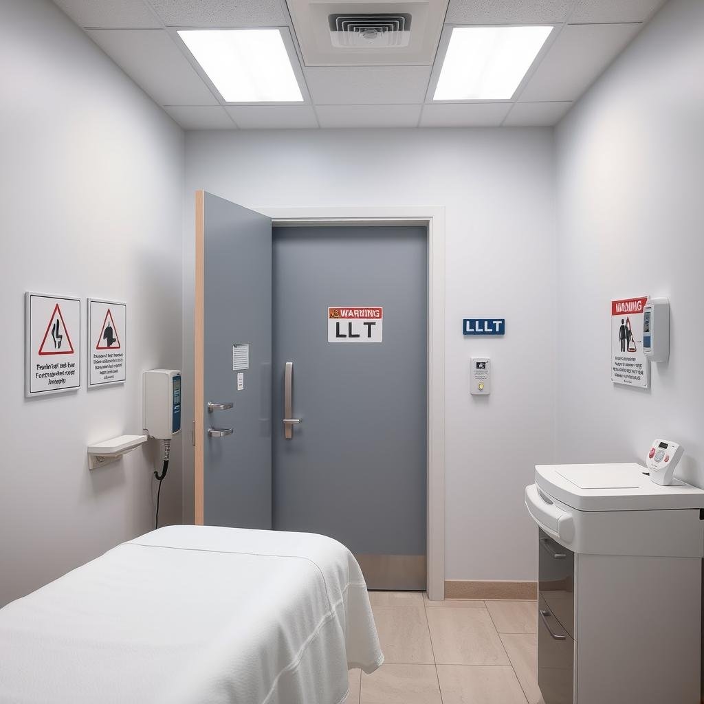 Properly set up clinical room for LLLT laser therapy with safety notices