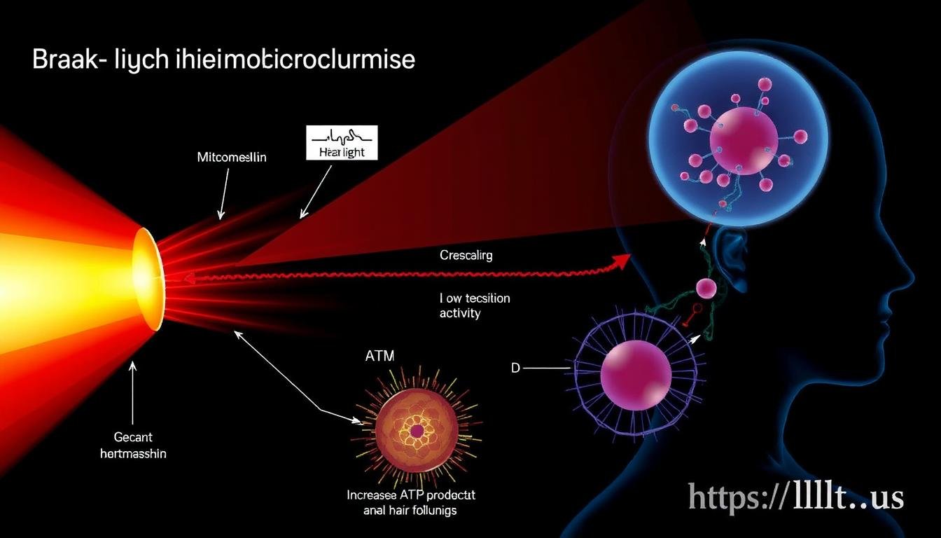 Scientific diagram showing how LLLT photobiomodulation affects hair follicle cells