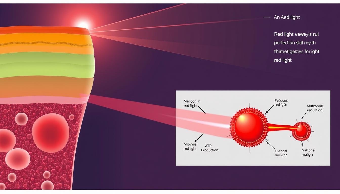 Scientific diagram showing how red light therapy affects cells