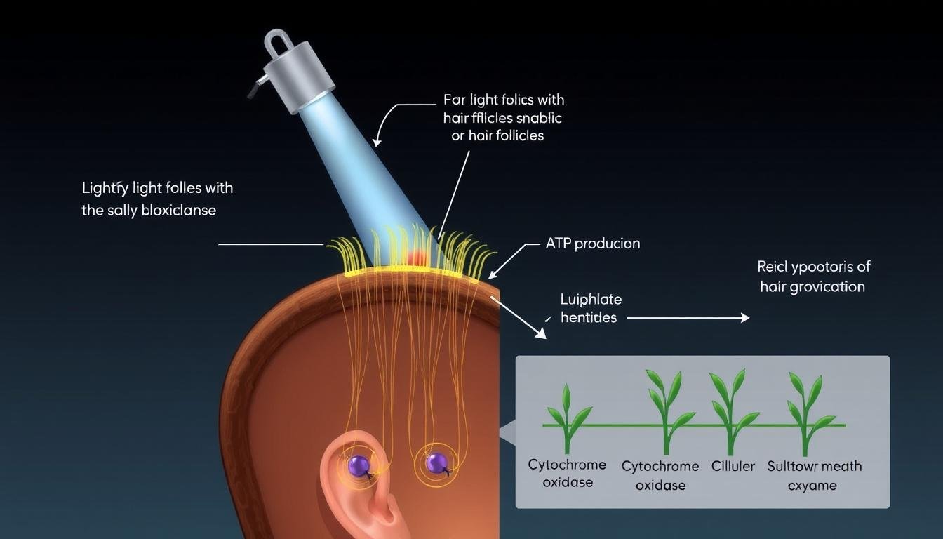 Scientific diagram showing the mechanism of action of LLLT on hair follicles