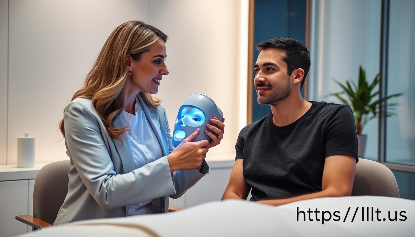 Skin professional demonstrating LLLT Mask to a client