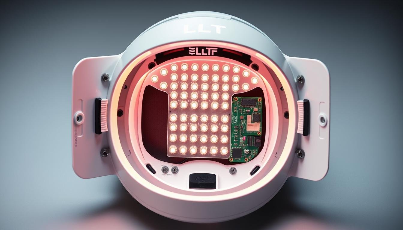 Technical components of MAIKONG LLLT mask showing LED arrangement Technical components of MAIKONG LLLT mask showing LED arrangement