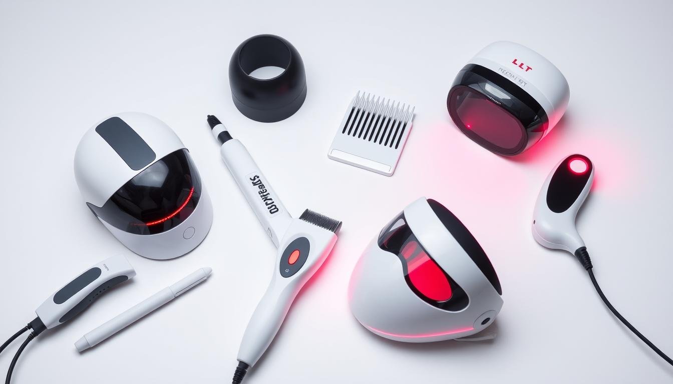 Various LLLT Laser Devices from MAIKONG showing different device types including caps, combs, and masks