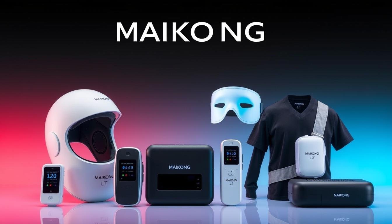 Various MAIKONG LLLT devices including helmet, mask, and handheld units