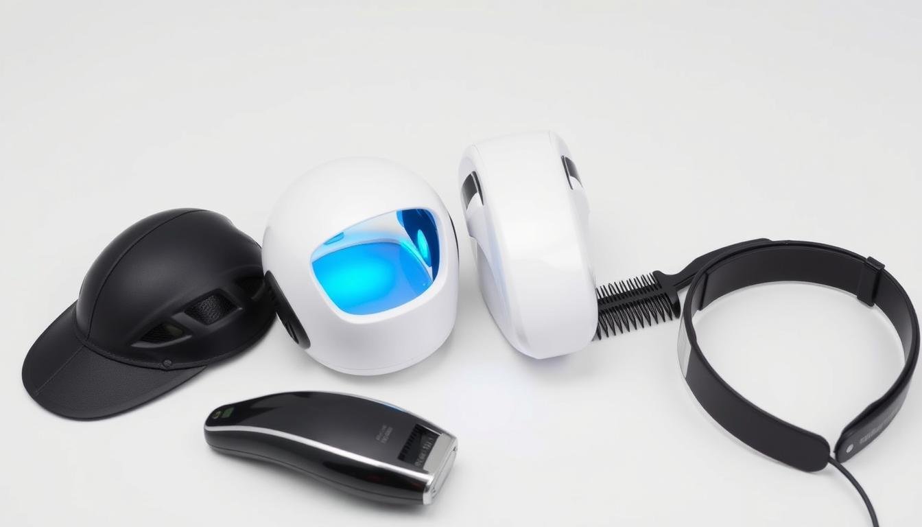 Various types of LLLT devices including caps, helmets, combs and bands