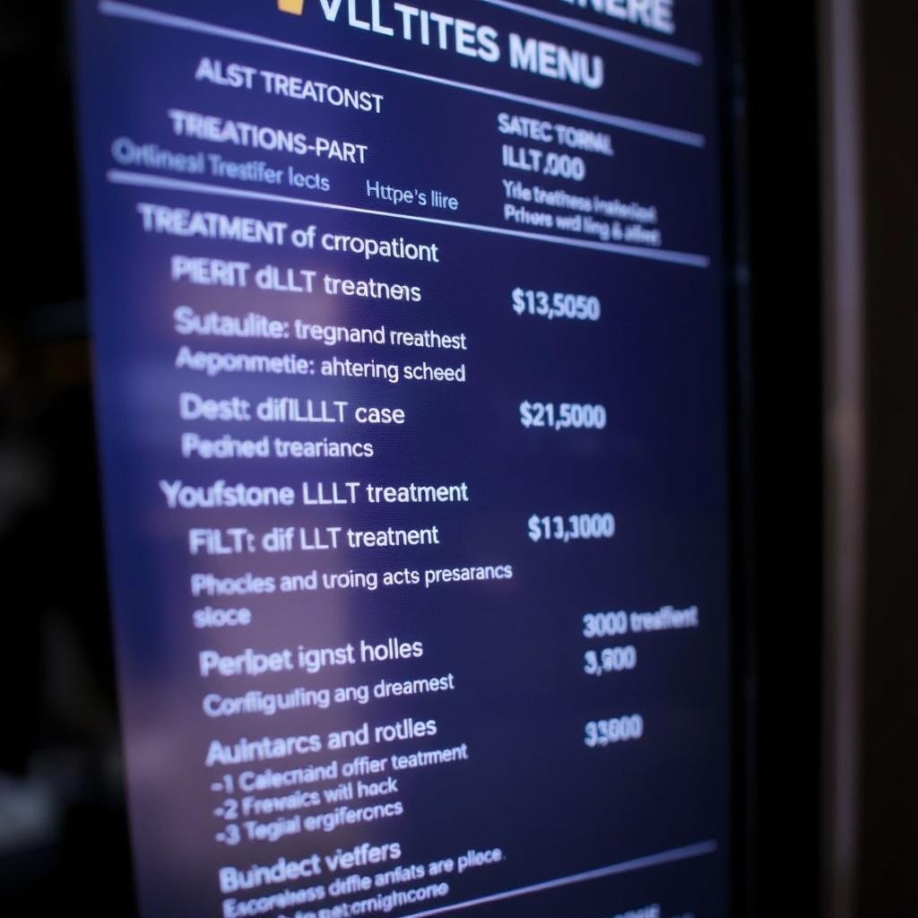 Wellness center menu showing various LLLT Device treatment options