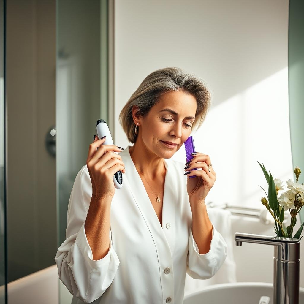 Wellness enthusiast using LLLT comb as part of anti-aging routine Wellness enthusiast using LLLT comb as part of anti-aging routine