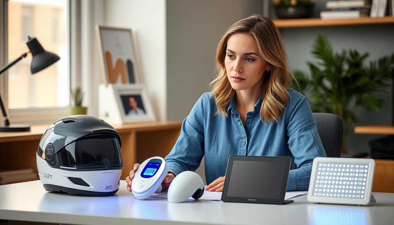 Woman comparing different LLLT devices for her specific needs