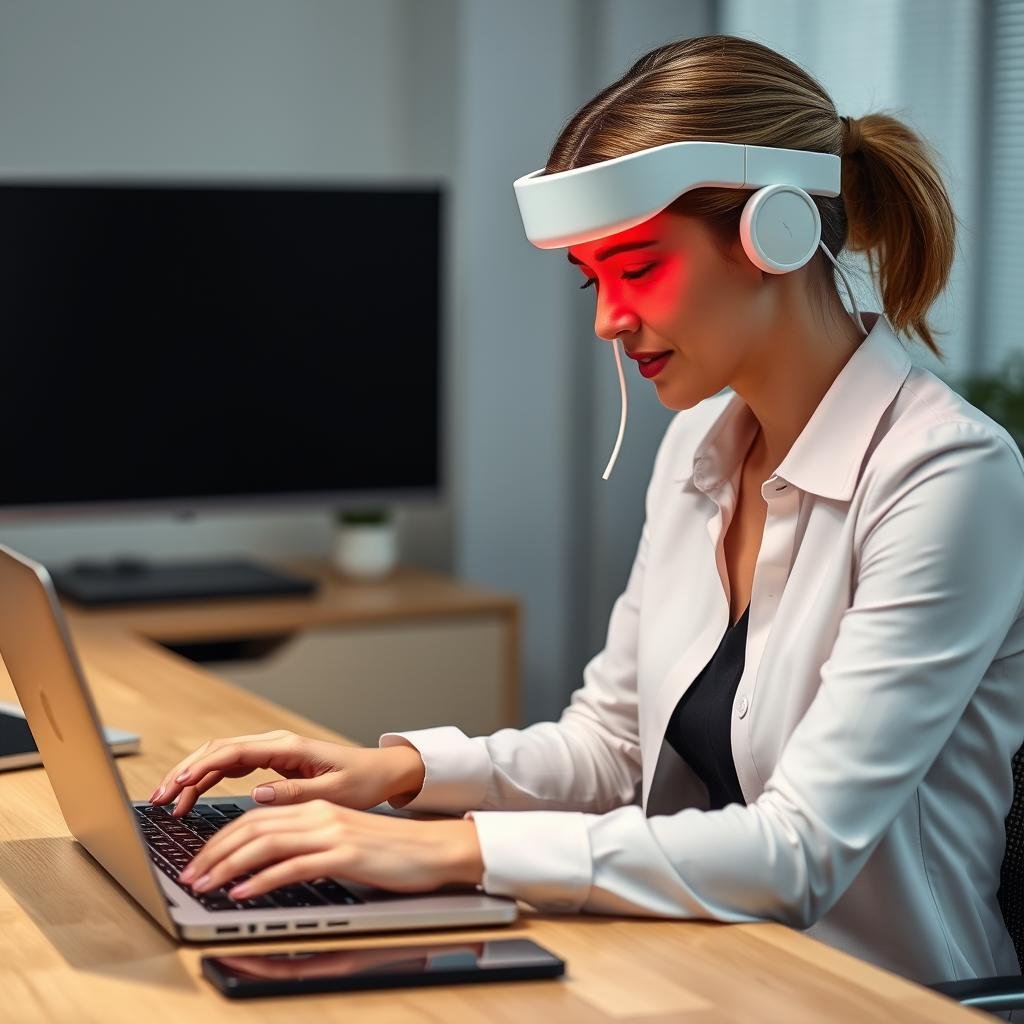 Woman using LLLT device while working at computer