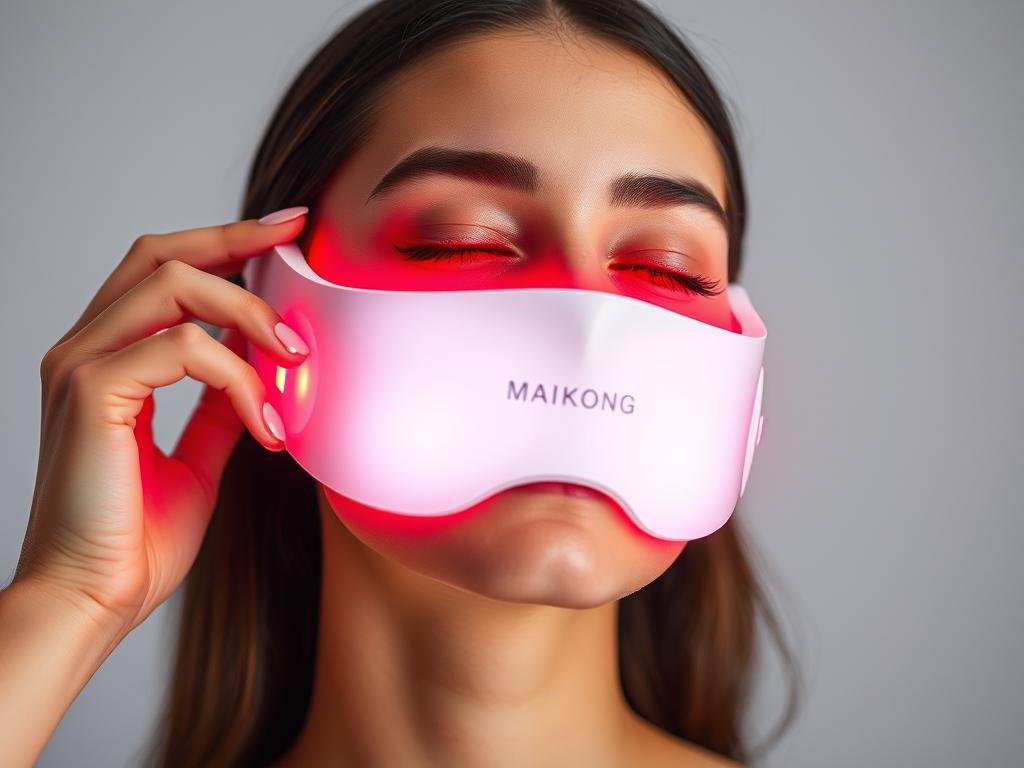 Woman using MAIKONG LLLT facial mask for skin treatment