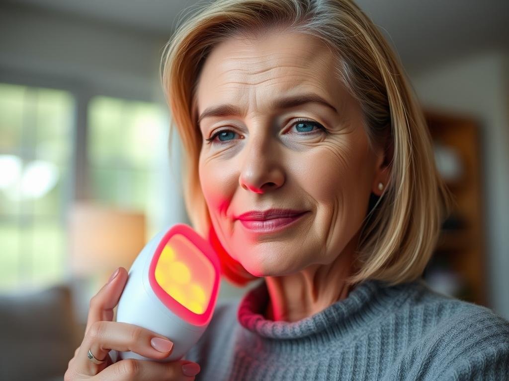 Woman using an LLLT device at home for skin treatment