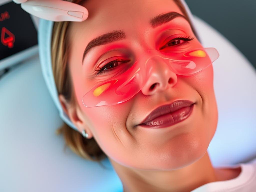 Woman wearing LLLT mask for anti-aging skincare treatment Woman wearing LLLT mask for anti-aging skincare treatment