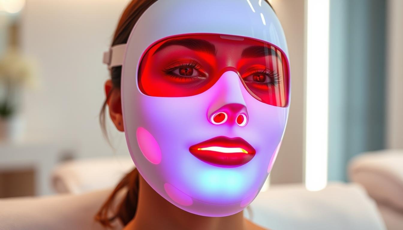 Woman wearing an LLLT Mask during light therapy treatment
