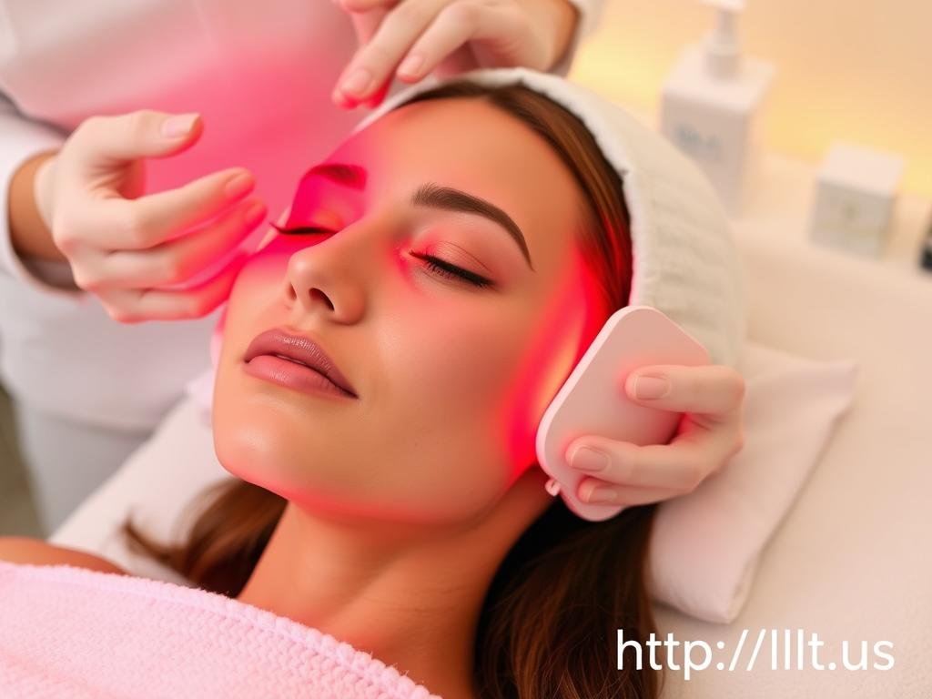 Aesthetician performing facial red light therapy treatment