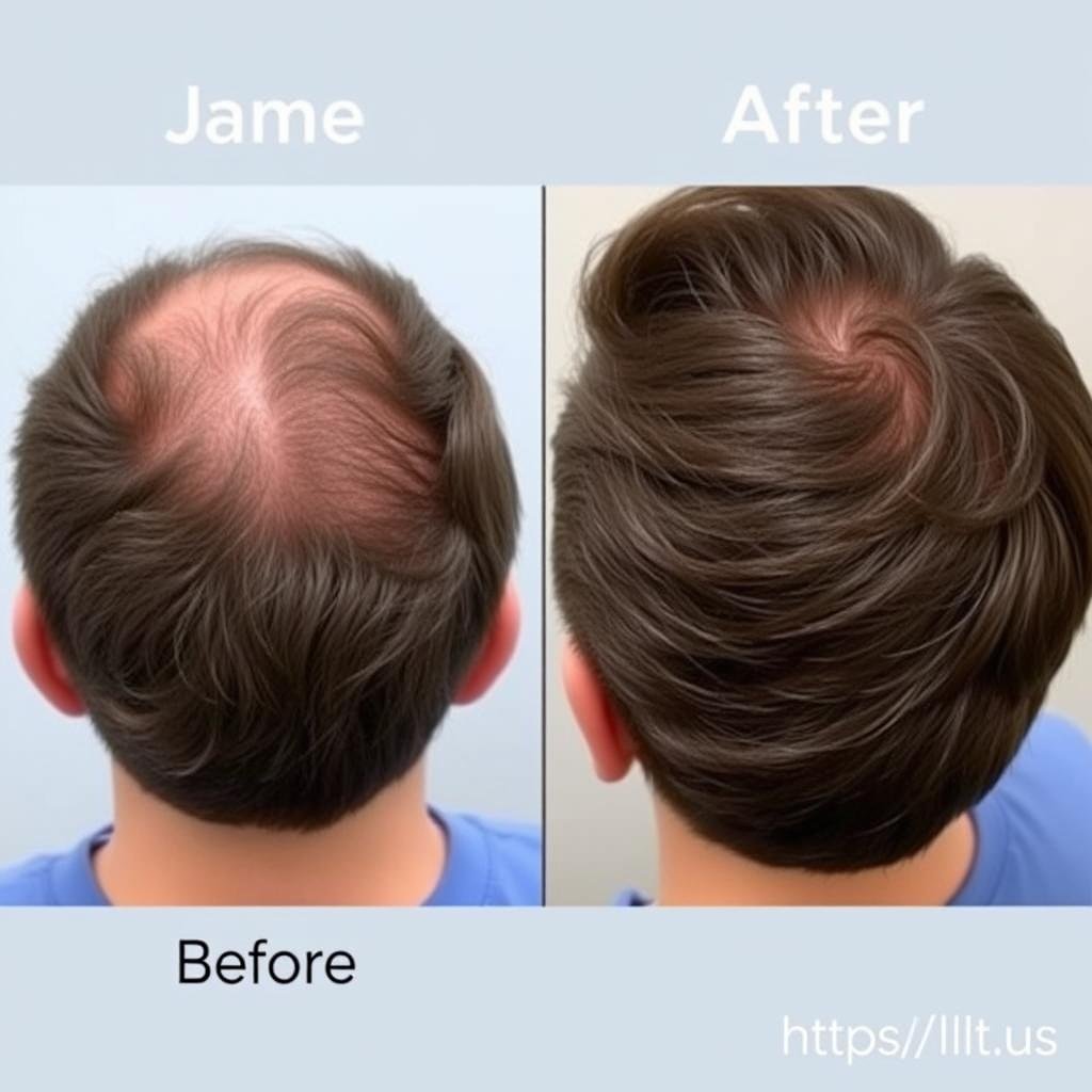 Before and after photos of James, 42, showing significant hair regrowth after using MAIKONG LLLT helmet