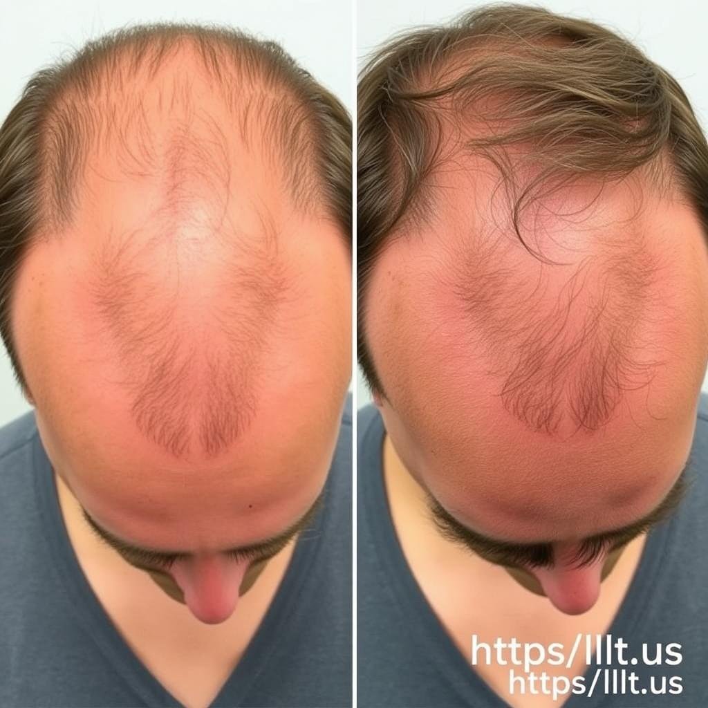 Before and after photos of Robert, 51, showing overall density improvement after using MAIKONG LLLT comb and helmet
