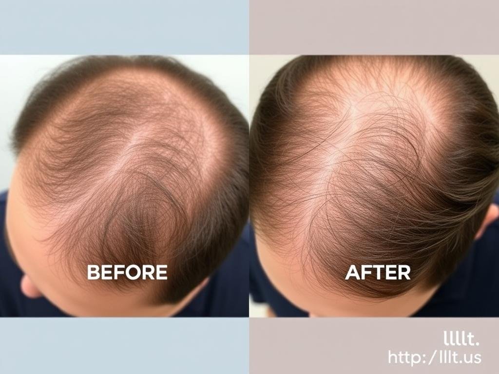 Before and after results of LLLT Hair Regrowth treatment showing significant improvement in hair density