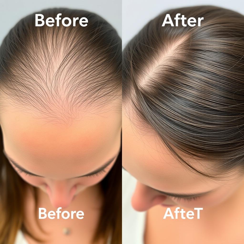 Before and after results of LLLT Laser Hair Loss Treatment showing improved hair density in a woman