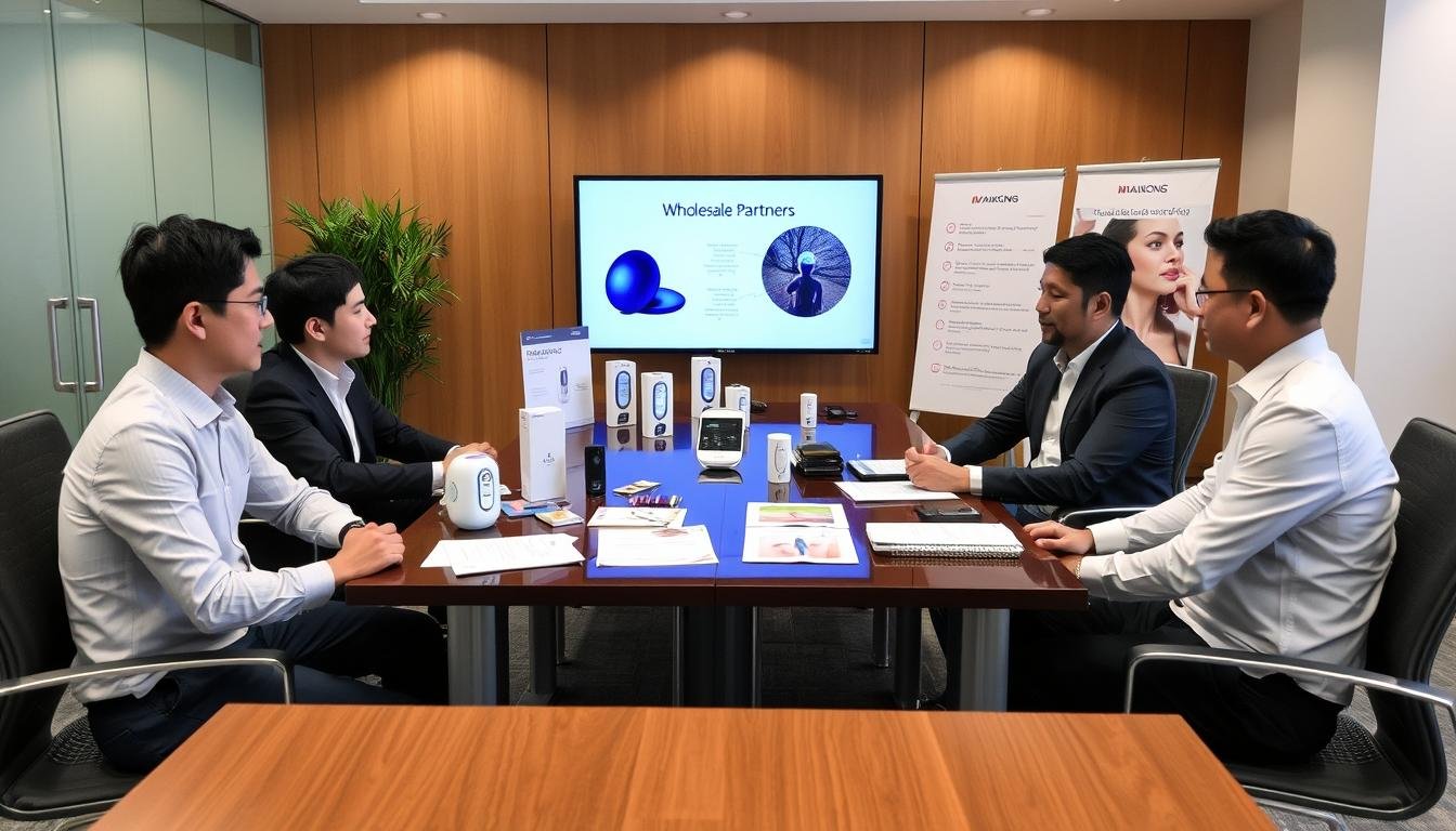 Business partners discussing LLLT Neck Support Device distribution strategy Business partners discussing LLLT Neck Support Device distribution strategy