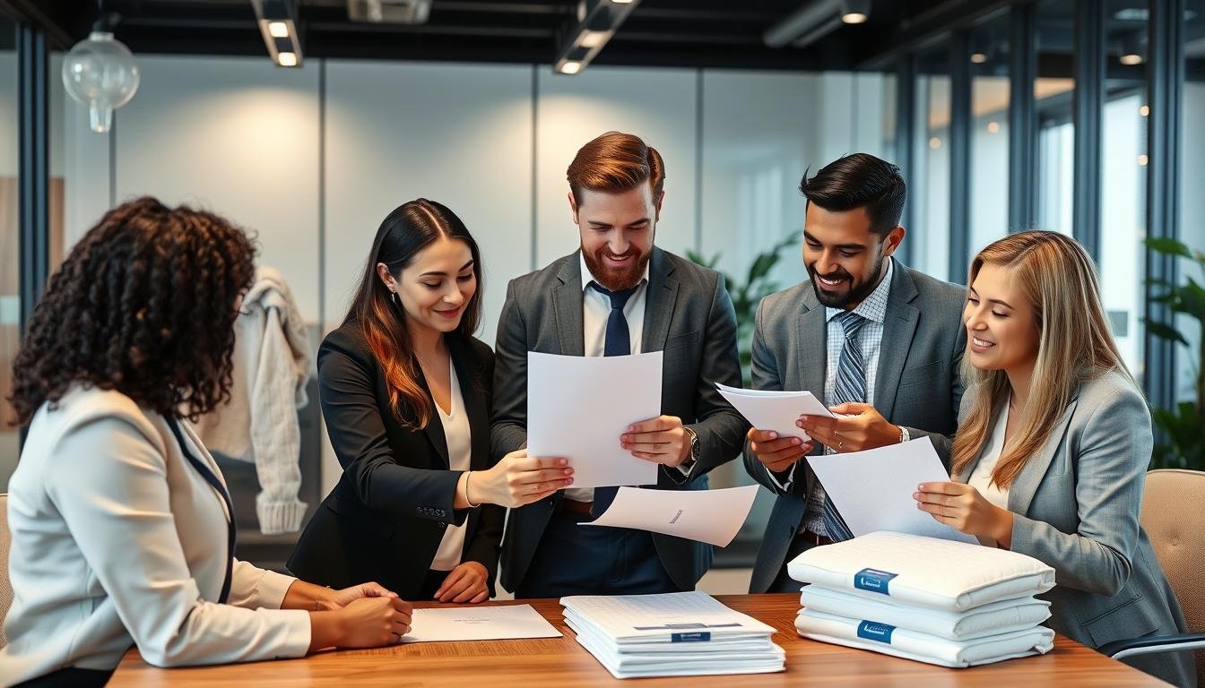 Business partners reviewing LLLT Sleep Pad wholesale documents