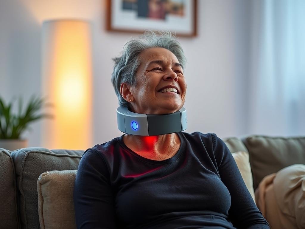 Chronic pain patient using LLLT Neck Support Device as part of therapy Chronic pain patient using LLLT Neck Support Device as part of therapy