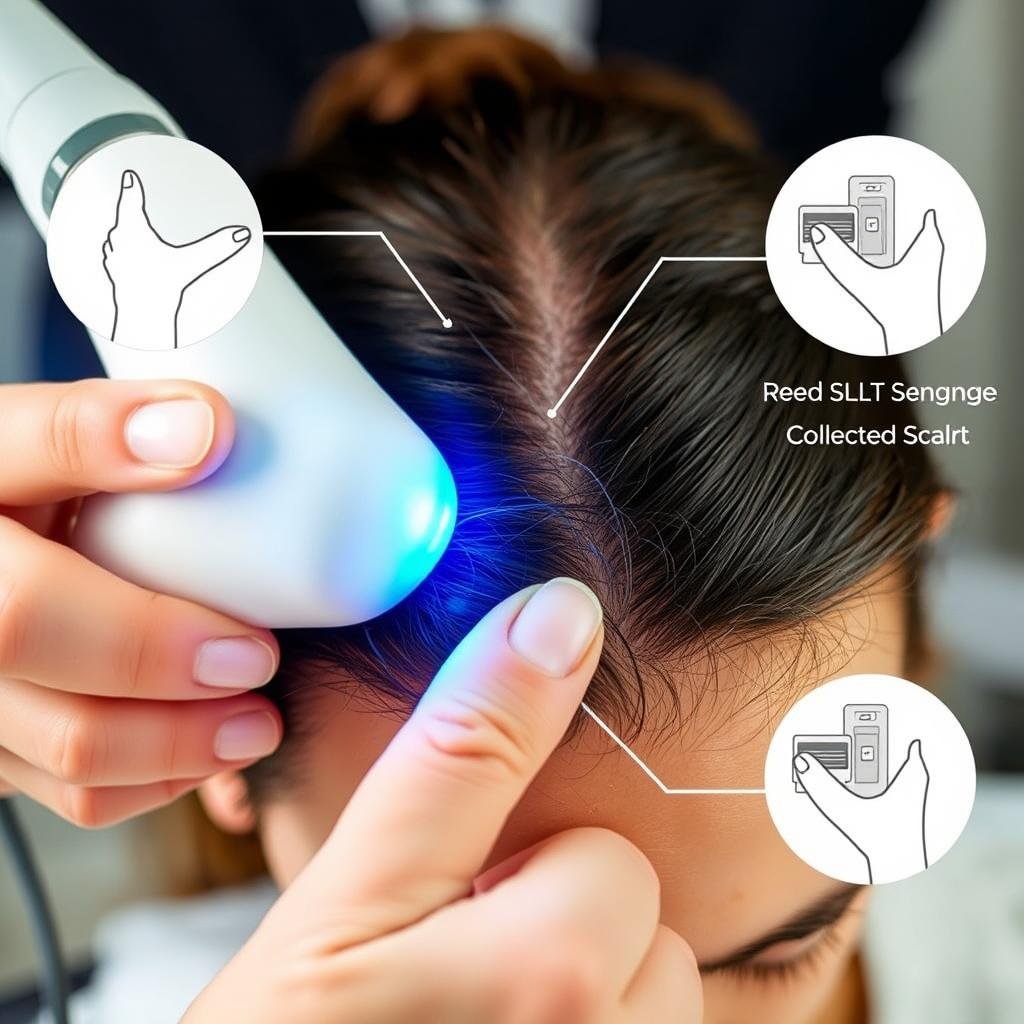 Close-up of LLLT device being properly positioned on scalp