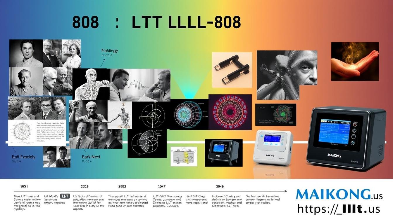 Collage showing the evolution of LLLT-808 technology from early research to modern MAIKONG devices